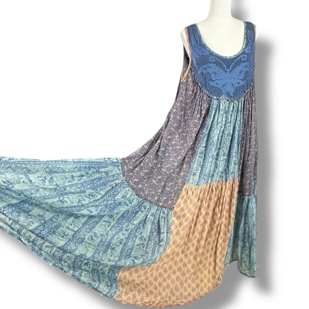 Free People Bohemian 70s Patchwork Hippie Lost Palms Craft Maxi Dress Medium - Picture 3 of 17
